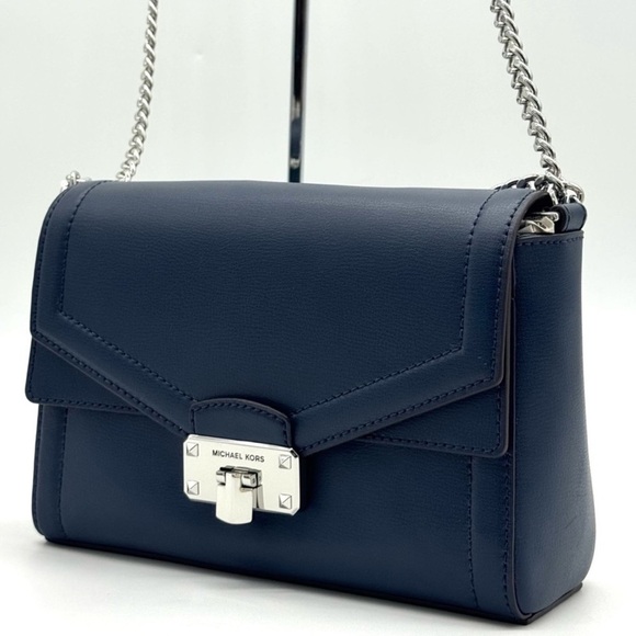 Michael Kors Kinsley leather Medium shoulder Flap Crossbody Bag Navy Blue - Picture 1 of 9